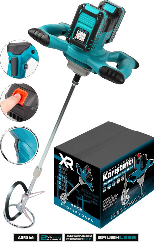 21V 1200W Çift Akülü Kablosuz Karıştırıcı Mikser Şarjlı Harç, Boya ve Alçı Karıştırma Makinesi