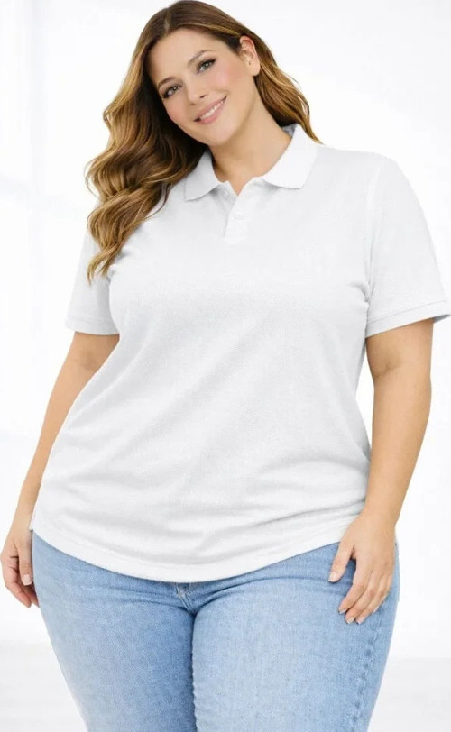 MDB Pike Kumaş Düğmeli Yaka Battal Büyük Beden Günlük Kısa Kol Tişört Tshirt Beyaz