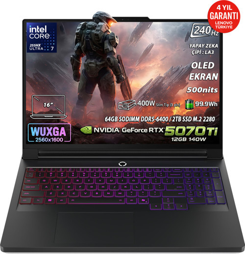 Legion Pro 7 Intel Core Ultra 7 255HX 64GB 2TB SSD RTX 5070 Ti 12GB 16" WQXGA OLED Fdos 83F500J8TR