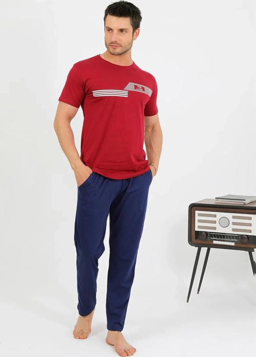 - Erkek Pamuk Kısa Kol Pijama Takım Bordo