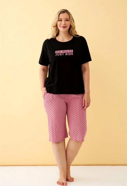 Kadın Siyah “No Rules Just Ride” Yazılı Büyük Beden Kapri Pijama Takımı