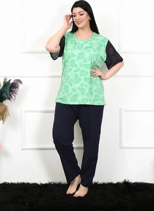 Kadın 5XL-6XL-7XL-8XL Büyük Beden Kısa Kol Pijama Takım Yeşil