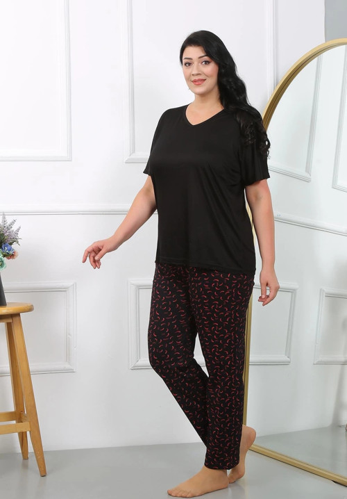 Kadın Büyük Beden Kısa Kol Penye Pijama Takımı Siyah