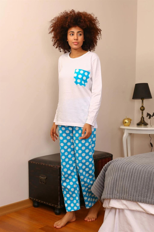 Kadın Uzun Kol Penye Pijama Takım Beyaz
