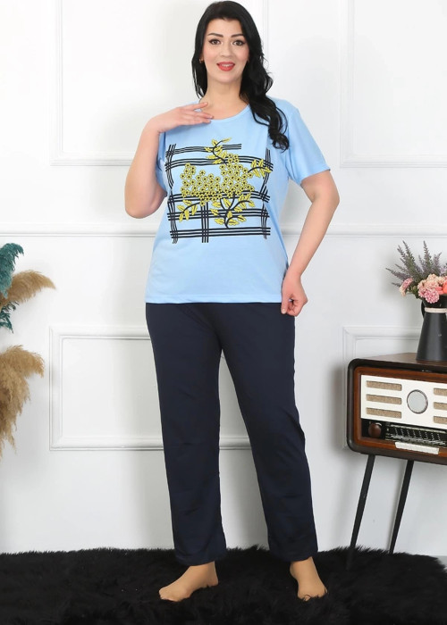 Kadın Büyük Beden Mavi Pijama Takımı
