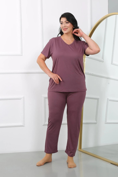 Kadın Büyük Beden Kısa Kol Penye Pijama Takımı Mürdüm