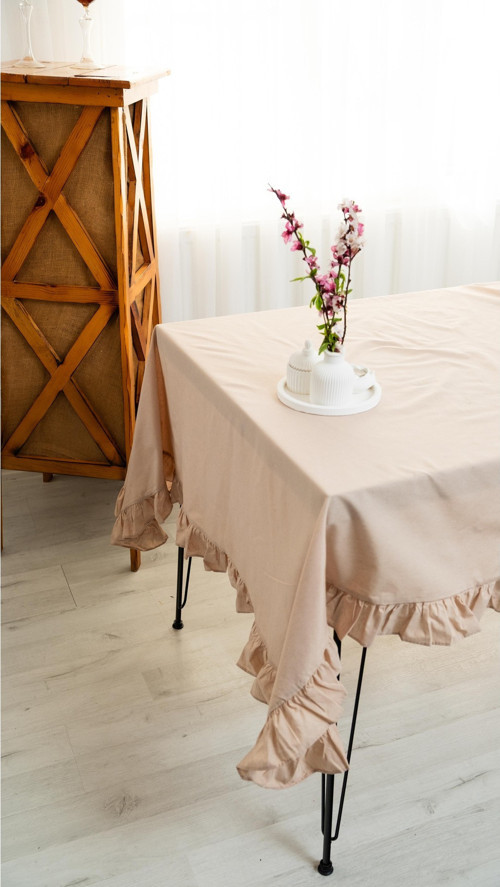 Rufle | %100 Ham Pamuklu Keten Fırfırlı Bej Masa Örtüsü 160X220 Cm