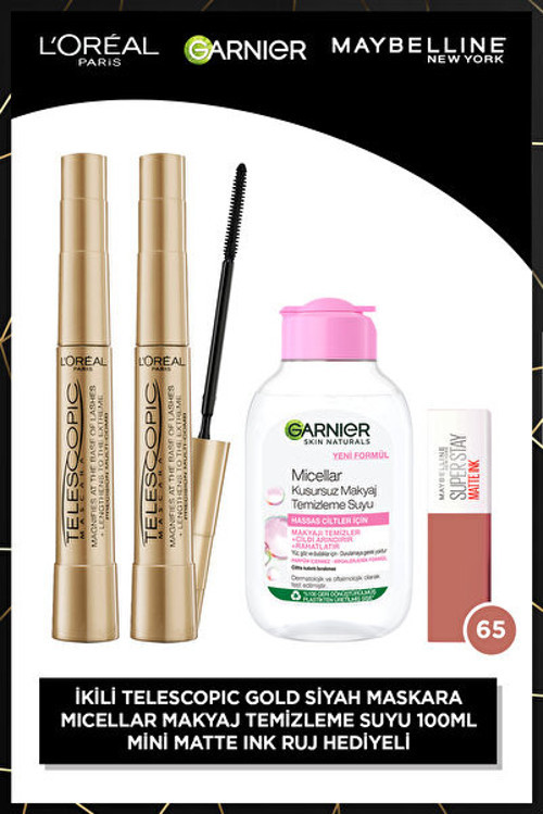 L'Oreal Paris 2'li Telescopic Gold Maskara+ 100 ml Seyahat Boy Micellar + Matte Ink Mini Ruj 65