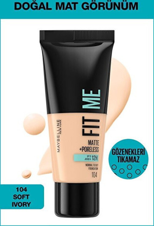 Fit Me! Matte + Poreless Gözenekli Ciltler İçin Mat Fondöten – 104 Soft Ivory