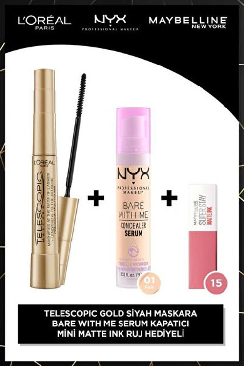 L'Oreal Paris Telescopic Gold Maskara + Bare With Me Kapatıcı 01 + Matte Ink Mini Ruj 15