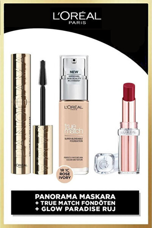 L'Oreal Paris Panorama Siyah Maskara & True Match Fondöten 1R Rose Ivory &Glow Paradise Balm Ruj 353