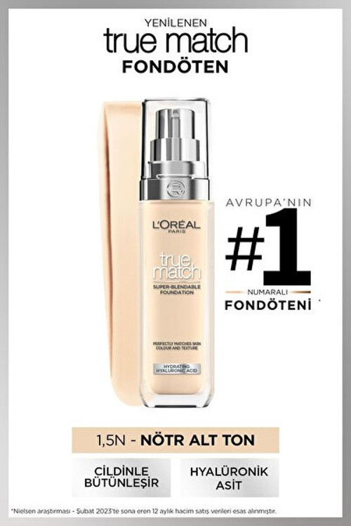 L'Oreal Paris True Match Bakım Yapan Fondöten - 1.5N Nötr Alt Ton