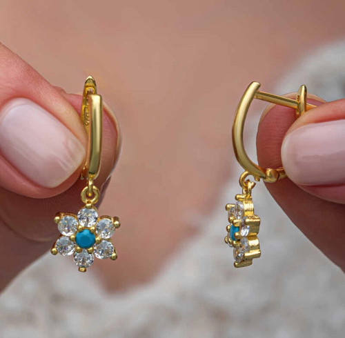 Gümüş Mavi Taşlı Gold Çiçek Kadın Küpe
