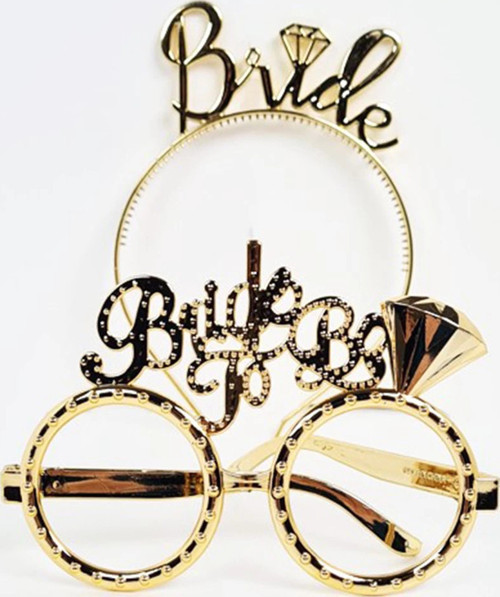 Bride Yazılı Taç ve Bride To Be Yazılı Gözlük Seti Altın Renk