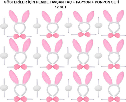 Pembe Tavşan Kostüm Seti – Taç, Papyon, Ponpon (12’li Paket)