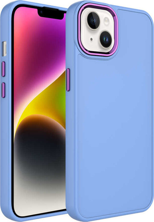 iPhone 14 Uyumlu Metal Çerçeve ve Buton Tasarımlı Silikon MKST Luna Kılıf-Lila