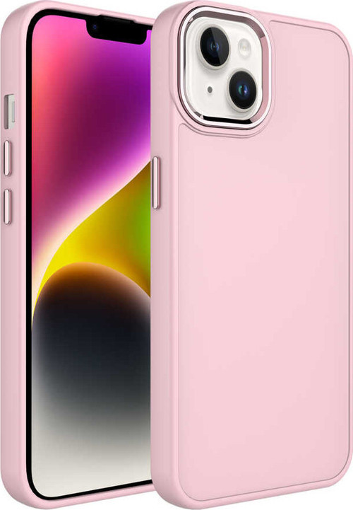 iPhone 14 Uyumlu Metal Çerçeve ve Buton Tasarımlı Silikon MKST Luna Kılıf-Pembe
