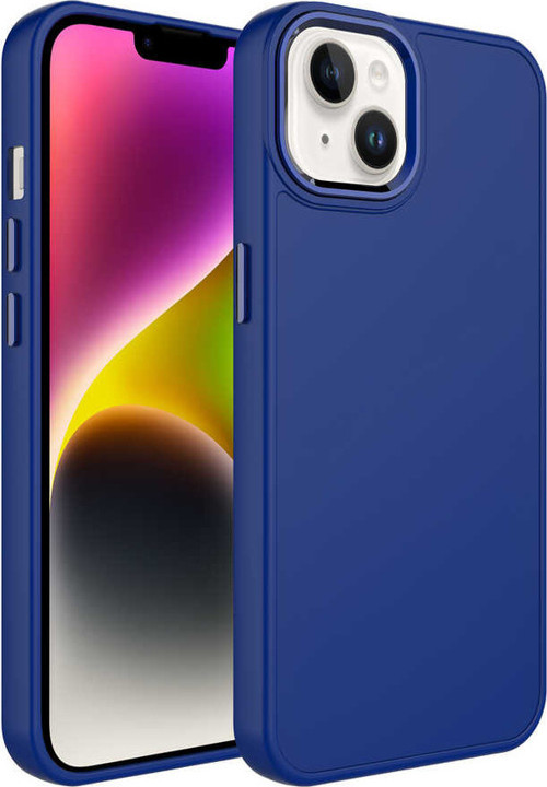 iPhone 14 Uyumlu Metal Çerçeve ve Buton Tasarımlı Silikon MKST Luna Kılıf-Lacivert
