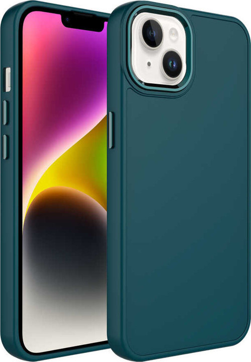 iPhone 14 Uyumlu Metal Çerçeve ve Buton Tasarımlı Silikon MKST Luna Kılıf-Koyu Yeşil
