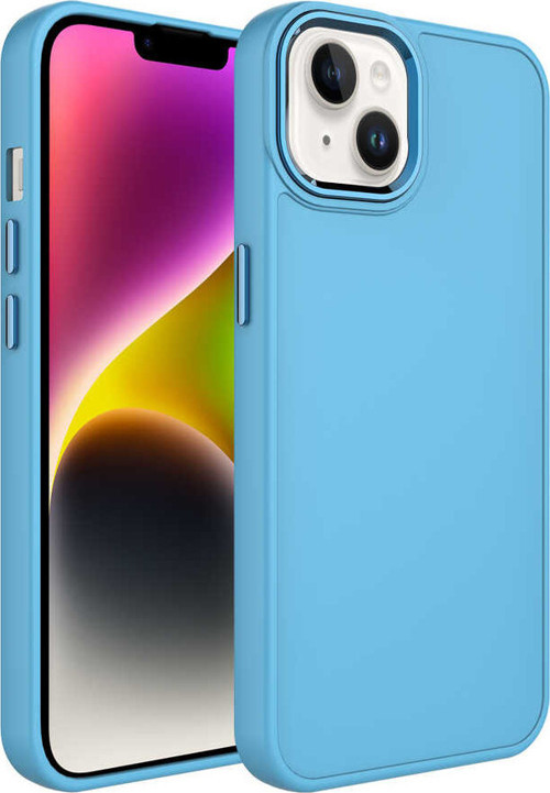 iPhone 14 Uyumlu Metal Çerçeve ve Buton Tasarımlı Silikon MKST Luna Kılıf-Sierra Mavi