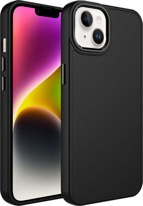 iPhone 14 Uyumlu Metal Çerçeve ve Buton Tasarımlı Silikon MKST Luna Kılıf-Siyah