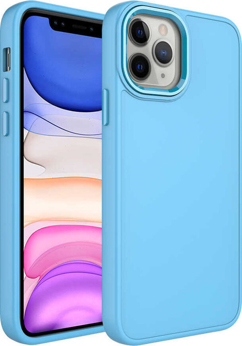 iPhone 12 Pro Uyumlu Metal Çerçeve ve Buton Tasarımlı Silikon MKST Luna Kılıf-Sierra Mavi