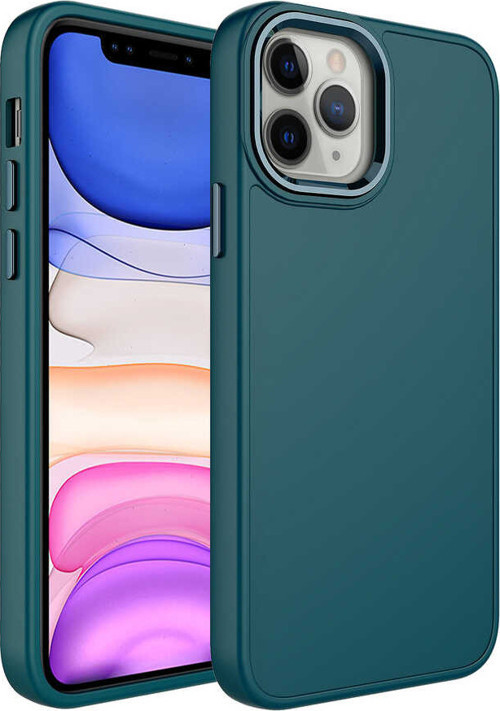 iPhone 12 Pro Uyumlu Metal Çerçeve ve Buton Tasarımlı Silikon MKST Luna Kılıf-Koyu Yeşil