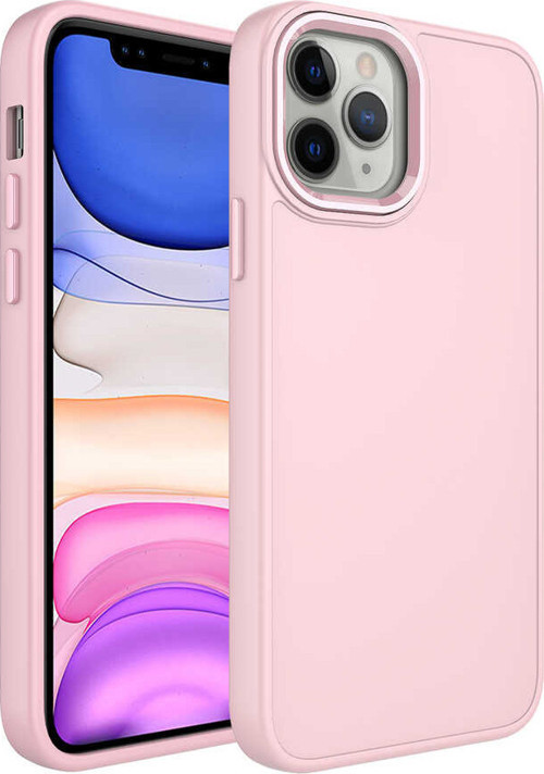 iPhone 12 Pro Uyumlu Metal Çerçeve ve Buton Tasarımlı Silikon MKST Luna Kılıf-Pembe