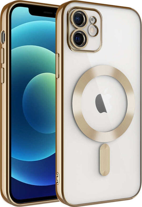 iPhone 12 Uyumlu Kamera Korumalı Magsafe Wireless Şarj Özellikli MKST Demre Kılıf-Gold