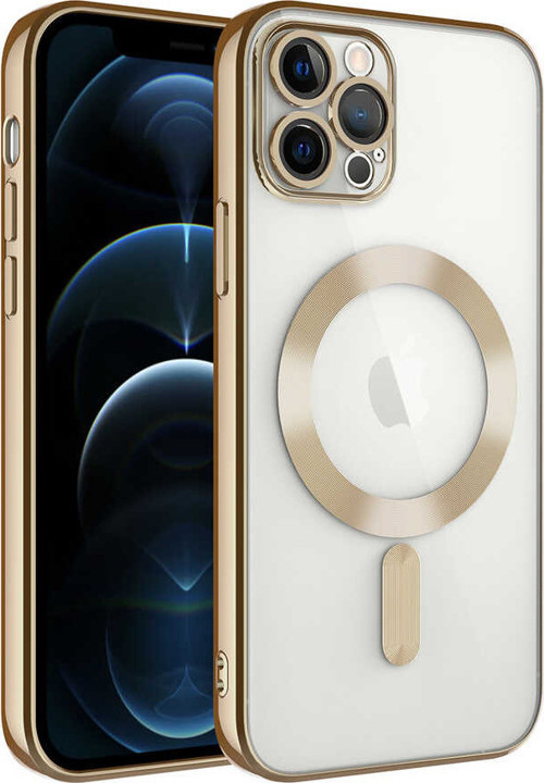 iPhone 12 Pro Uyumlu Kamera Korumalı Magsafe Wireless Şarj Özellikli MKST Demre Kılıf-Gold
