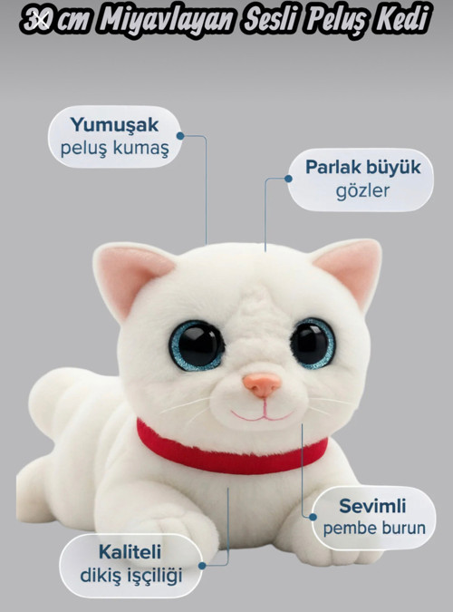 Sevimli Kedi Peluş Yavru Kedi Sesli Miyavlayan Peluş Kedi Uyku Arkadaşı 30 cm
