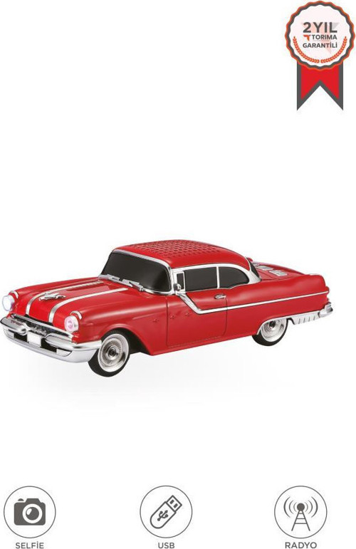 Bluetooth Hoparlör Retro Klasik Araba Tasarımlı 10W FM USB Selfie Speaker D87 Kırmızı