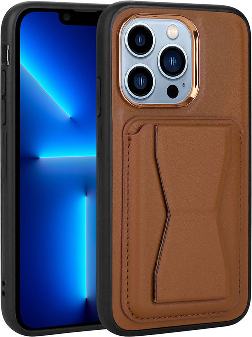 iPhone 12 Pro Uyumlu Kartlıklı Standlı Pu Deri MKST Memo Kılıf-Kahverengi