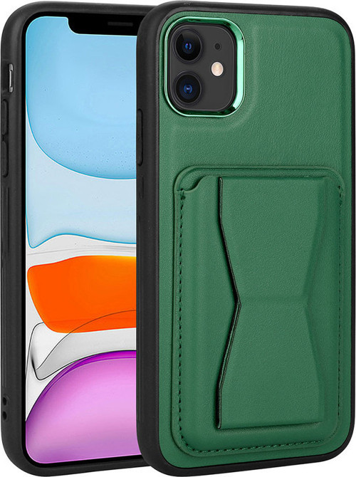 iPhone 11 Uyumlu Kartlıklı Standlı Pu Deri MKST Memo Kılıf-Koyu Yeşil
