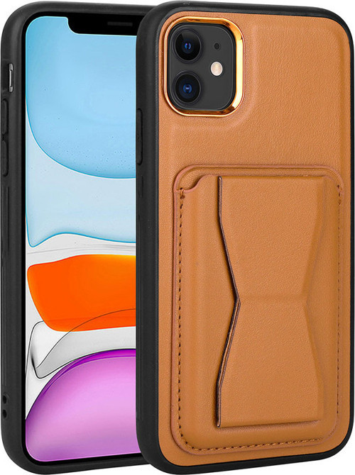 iPhone 11 Uyumlu Kartlıklı Standlı Pu Deri MKST Memo Kılıf-Kahve Açık