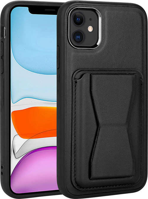 iPhone 11 Uyumlu Kartlıklı Standlı Pu Deri MKST Memo Kılıf-Siyah