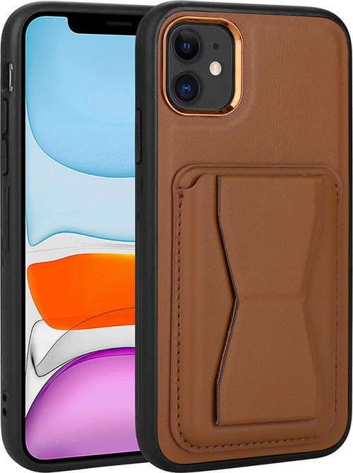 iPhone 11 Uyumlu Kartlıklı Standlı Pu Deri MKST Memo Kılıf-Kahverengi