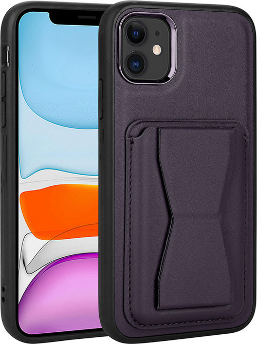 iPhone 11 Uyumlu Kartlıklı Standlı Pu Deri MKST Memo Kılıf-Koyu Mor