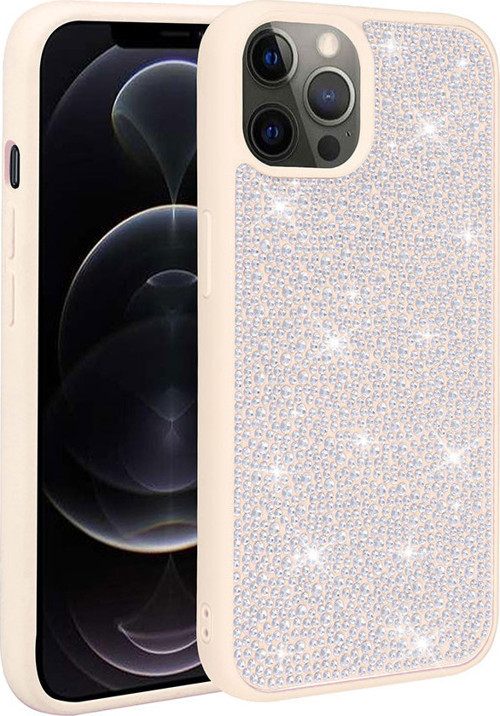 iPhone 13 Pro Uyumlu Parlak Taşlı Tasarım MKST Ston Kılıf-Beyaz