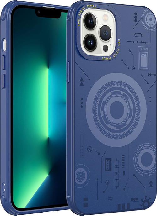 iPhone 13 Pro Uyumlu MKST Wireless Şarj Özellikli Desenli Hot Kılıf-Lacivert