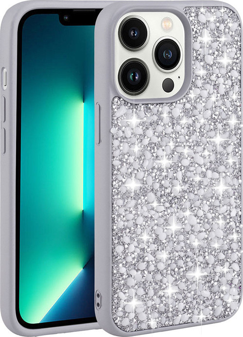 iPhone 12 Pro Max Uyumlu Parlak Taşlı Tasarım MKST Linea Kılıf-Gümüş