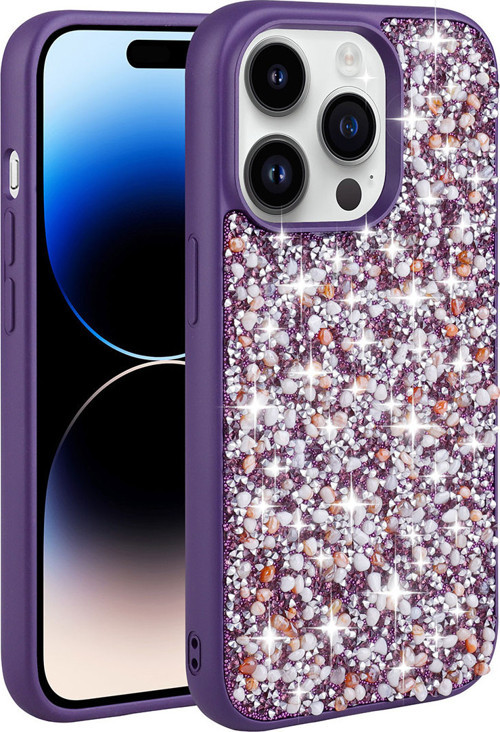 iPhone 14 Pro Max Uyumlu Parlak Taşlı Tasarım MKST Linea Kılıf-Derin Mor