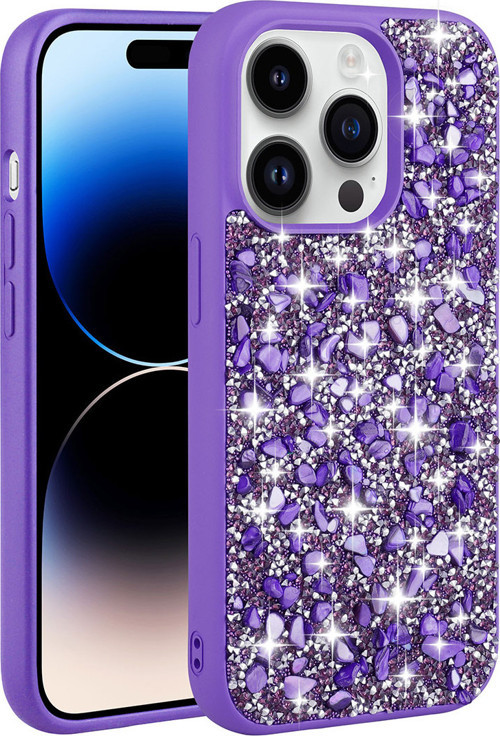 iPhone 14 Pro Max Uyumlu Parlak Taşlı Tasarım MKST Linea Kılıf-Mor