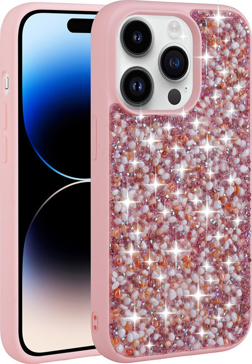 iPhone 14 Pro Max Uyumlu Parlak Taşlı Tasarım MKST Linea Kılıf-Pembe