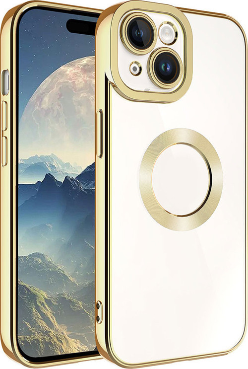 iPhone 15 Plus Uyumlu Kamera Korumalı Logo Gösteren MKST Omega Kılıf-Gold