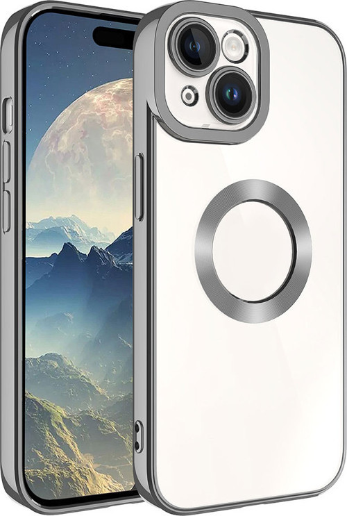 iPhone 15 Plus Uyumlu Kamera Korumalı Logo Gösteren MKST Omega Kılıf-Koyu Gri