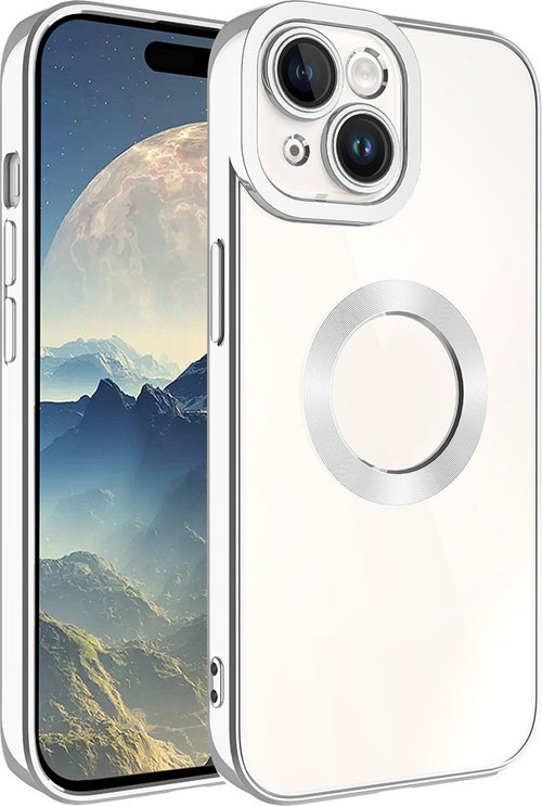 iPhone 15 Plus Uyumlu Kamera Korumalı Logo Gösteren MKST Omega Kılıf-Gümüş