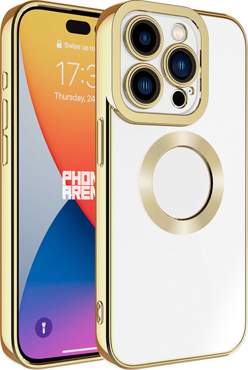 iPhone 15 Pro Max Uyumlu Kamera Korumalı Logo Gösteren MKST Omega Kılıf-Gold