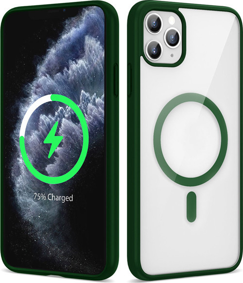 iPhone 11 Pro Max Kılıf Magsafe Wireless Şarj Özellikli Silikon MKST Ege Kapak - Koyu Yeşil