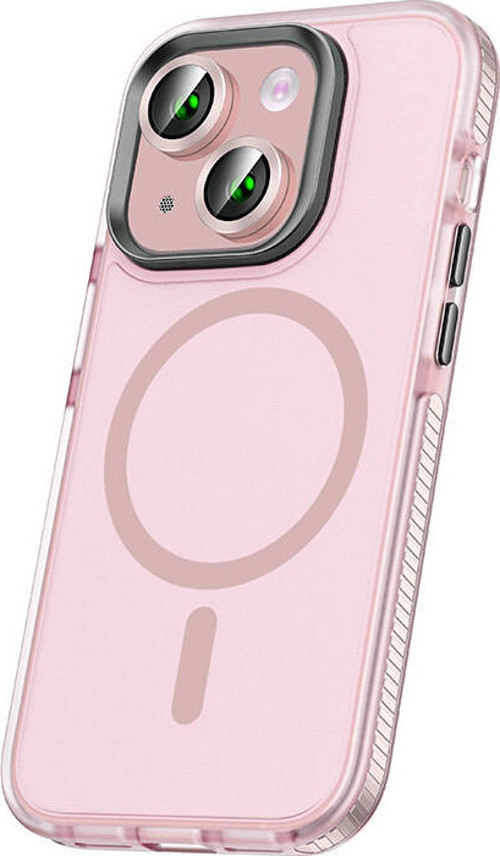 iPhone 15 Kılıf Airbagli Magsafe Wireless Şarj Özellikli Lens Koruyuculu MKST Klaptika Kapak - Pembe